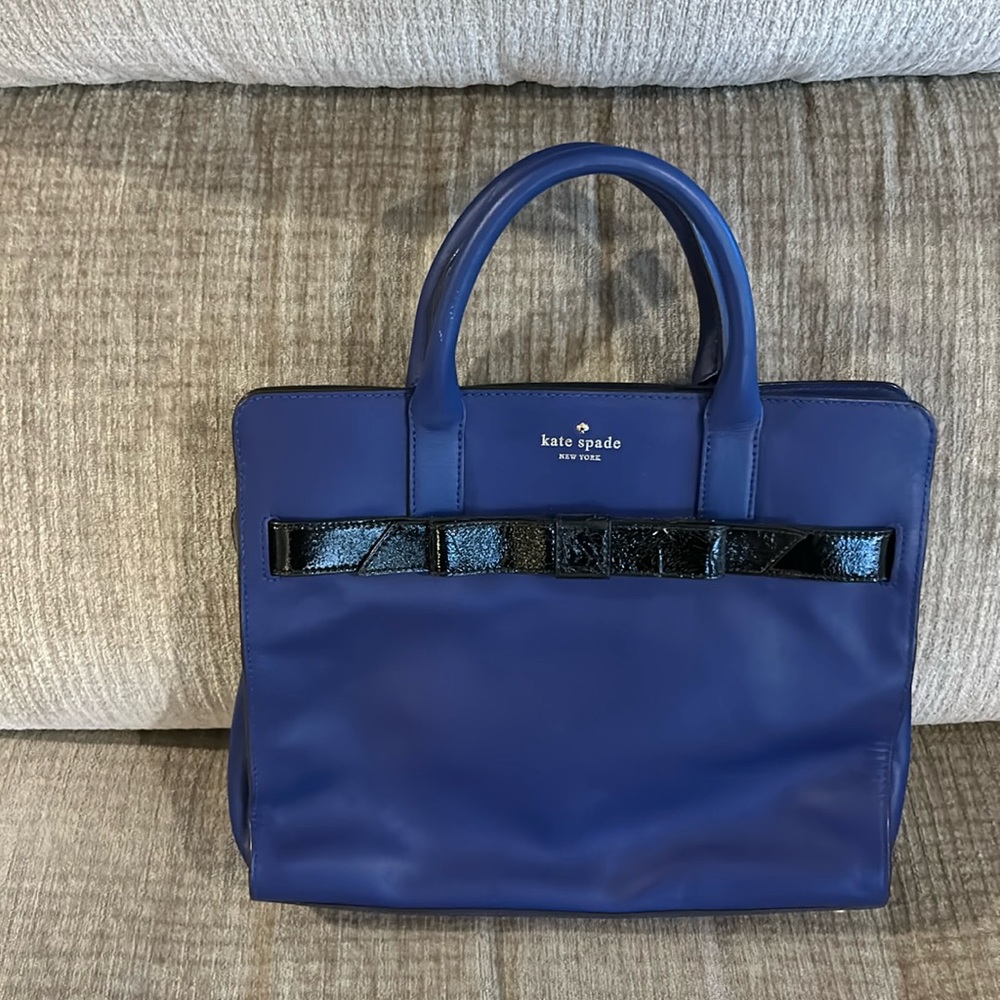 Kate Spade cobalt blue band with black bow satchel bag with detachable s…